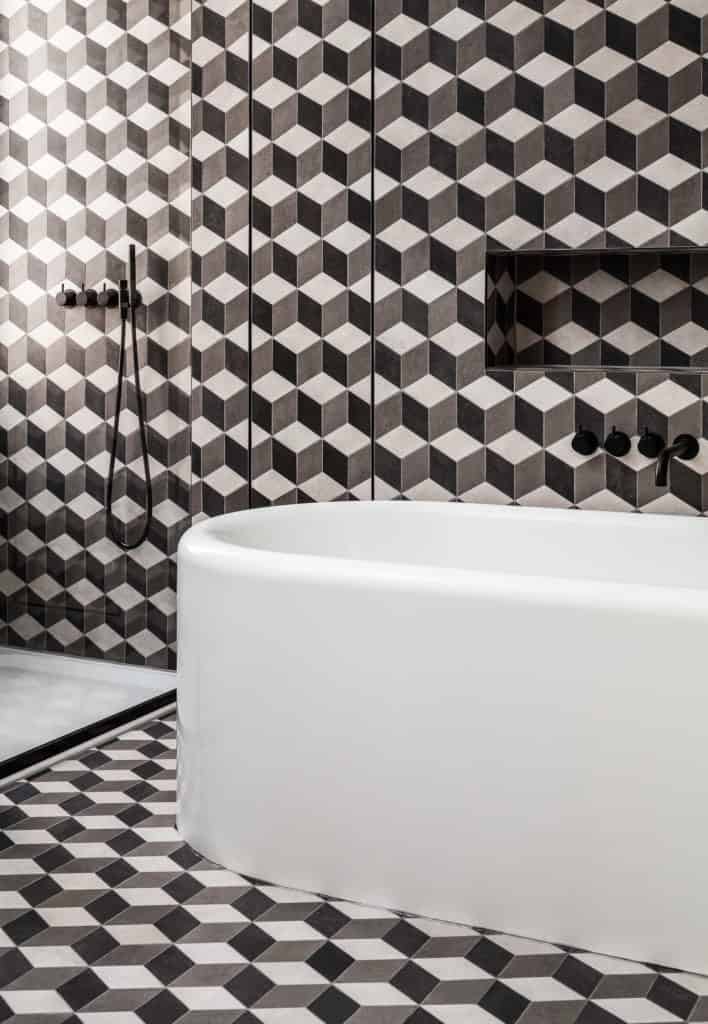 Modern tiles in renovated Kew Victorian bathroom